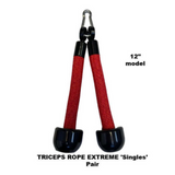 The CONVERTIBLE PLUS Tricep Rope 'Super Set' Attachment is a red triceps rope with black ends, labeled "12" model and "Triceps Rope Extreme 'Singles' Pair. Perfect for triceps targeting, it comes with a Lifetime Replacement Warranty for durability during every workout.