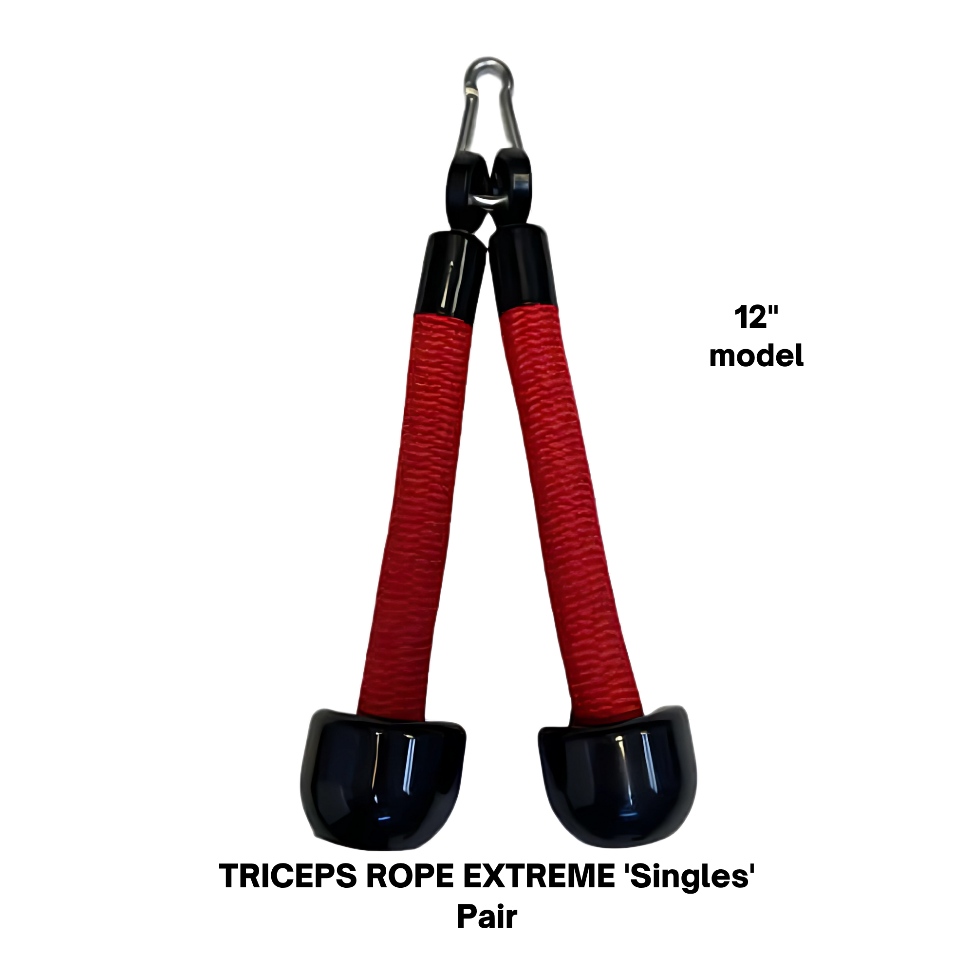 The Convertible Plus Tricep Rope 'Super Set' Attachment features red and black design, rubber ends, and metal clasp—ideal for commercial gym use and effective triceps workouts.