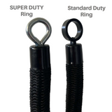 The CONVERTIBLE PLUS Tricep Rope 'Super Set' Tricep Attachment includes two black ropes: one with a 'SUPER DUTY Ring' metal hook, and the other with a 'Standard Duty Ring' metal ring, perfect for targeting triceps and backed by a lifetime replacement warranty.
