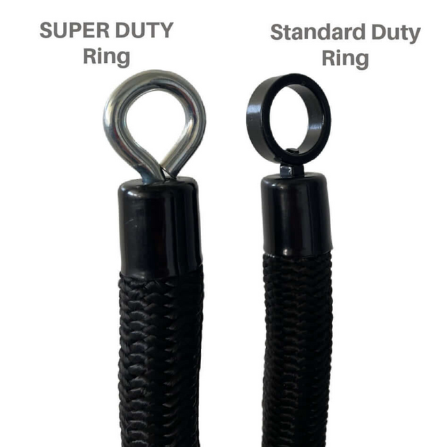 The CONVERTIBLE PLUS Tricep Rope 'Super Set' Tricep Attachment includes two black ropes: one with a 'SUPER DUTY Ring' metal hook, and the other with a 'Standard Duty Ring' metal ring, perfect for targeting triceps and backed by a lifetime replacement warranty.