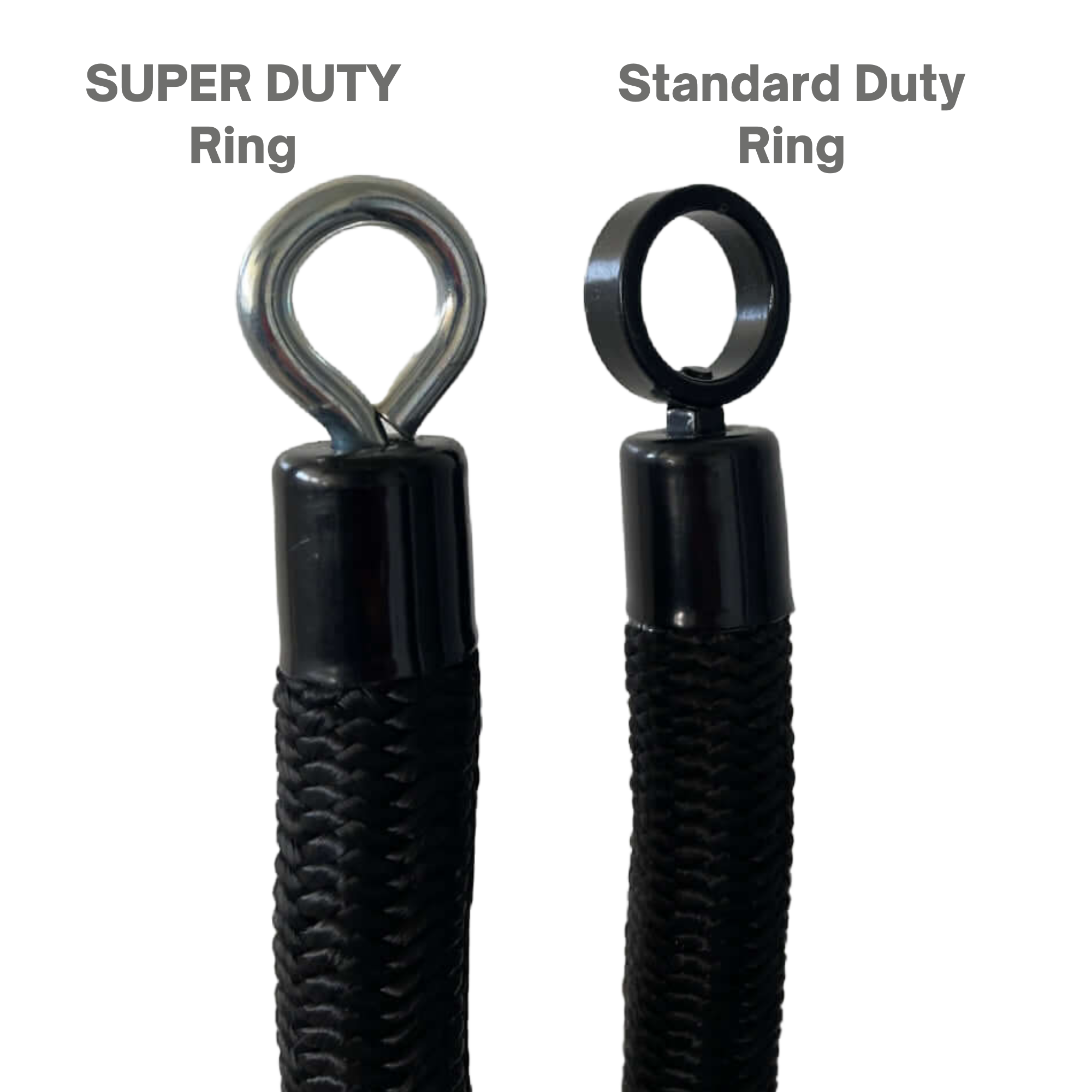 The Convertible Plus Tricep Rope 'Super Set' Tricep Attachment features two black ropes with different metal rings—"SUPER DUTY" and "Standard Duty"—with removable snap hooks, ideal for triceps exercises or use with the CONVERTIBLE PLUS system.