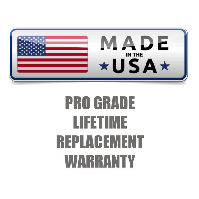 Badge with US flag stating "Made in the USA," offers a "Pro Grade Lifetime Replacement Warranty" and highlights our CONVERTIBLE PLUS Tricep Rope 'Super Set' for focused triceps workouts.