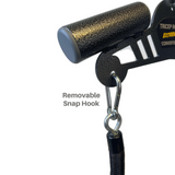 Close-up of the CONVERTIBLE PLUS Tricep Rope 'Super Set' Tricep Attachment designed for triceps targeting, featuring a textured grip and removable snap hook attachment. It includes a lifetime replacement warranty for worry-free workouts.