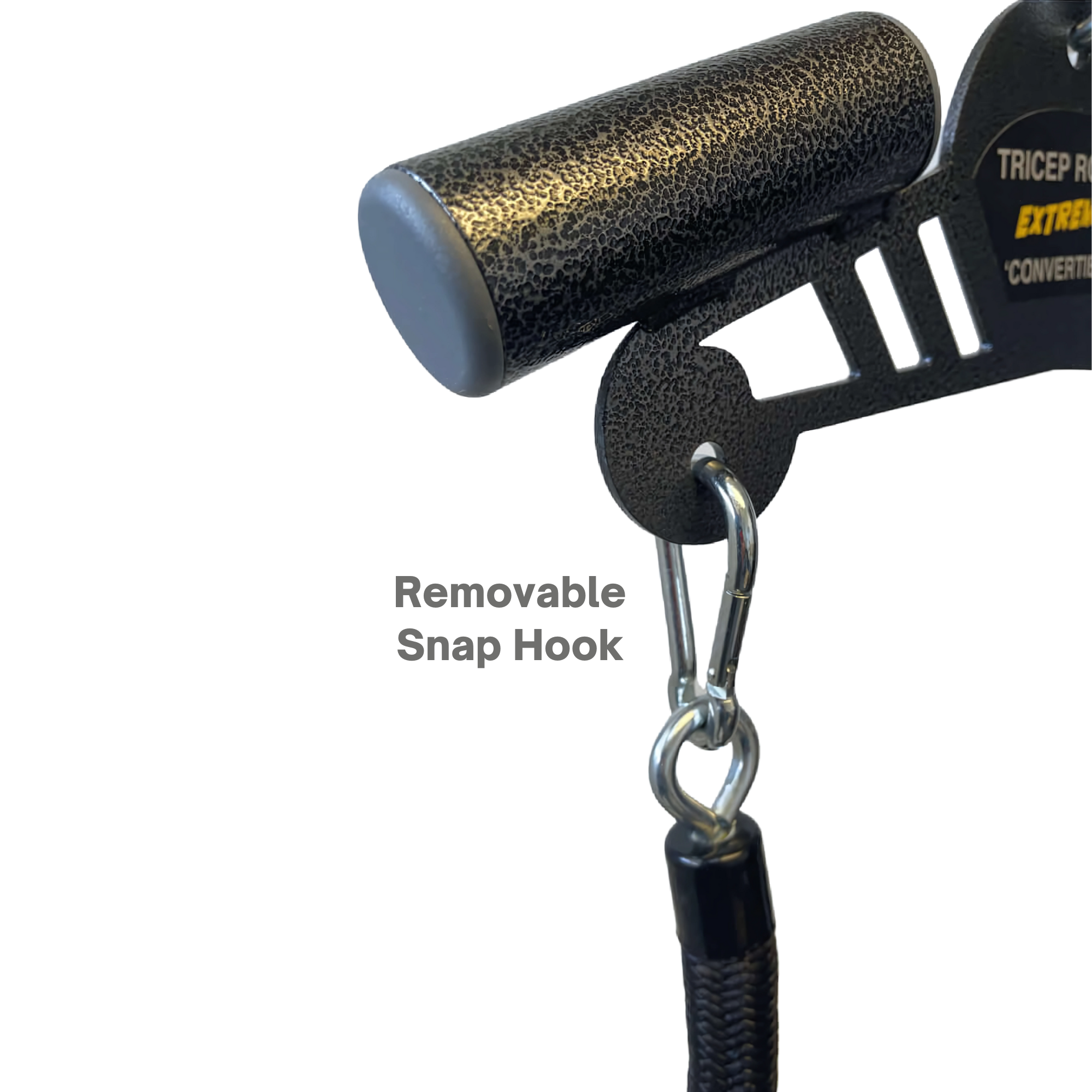 Close-up of the Convertible Plus Tricep Rope 'Super Set' Tricep Attachment featuring removable snap hooks, ideal for targeting triceps. Text reads "Removable Snap Hook.