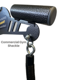 Close-up of the CONVERTIBLE PLUS Tricep Rope, featuring a textured gym shackle and rope attachment. Ideal for targeting triceps during your super set routine, it's covered by our Lifetime Replacement Warranty for peace of mind. Text reads "Commercial Gym Shackle.