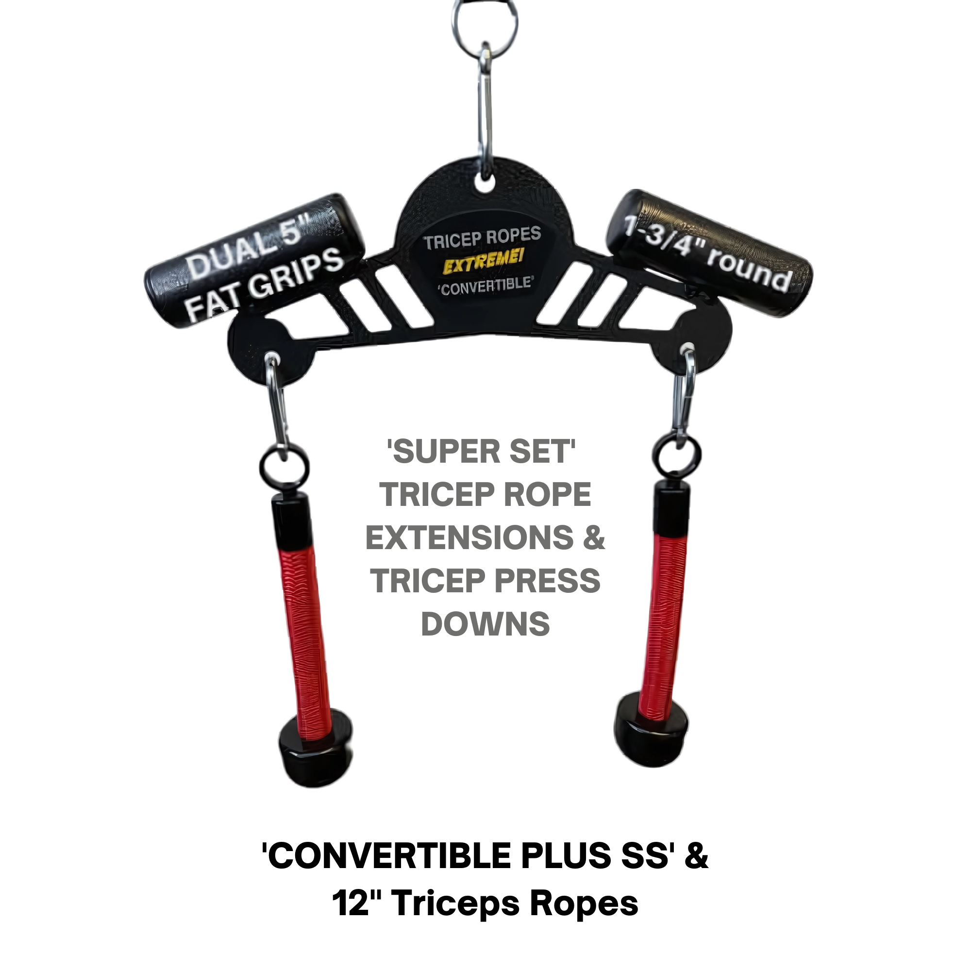 The Convertible Plus Tricep Rope 'Super Set' Tricep Attachment features dual fat grips and handles, designed for effective superset triceps targeting during extensions and press downs, with commercial gym shackles.