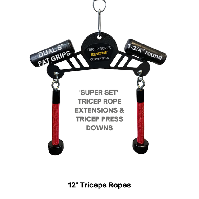The Convertible Plus Tricep Rope 'Super Set' Attachment with dual fat grips and red handles is ideal for rope extensions and press downs—commercial-grade quality for intense triceps workouts.