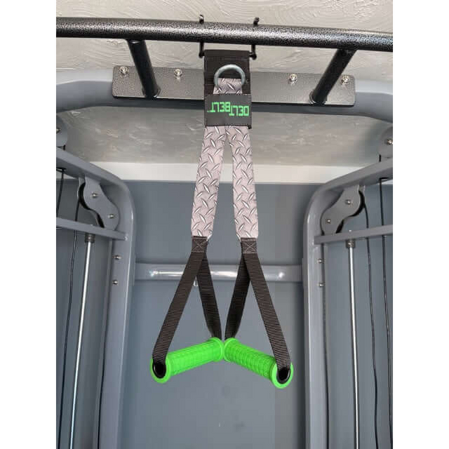 Gray and black DELT-BELT Handle Straps with green handles for targeted muscle resistance training on cable machines, ideal as a dumbbell alternative.
