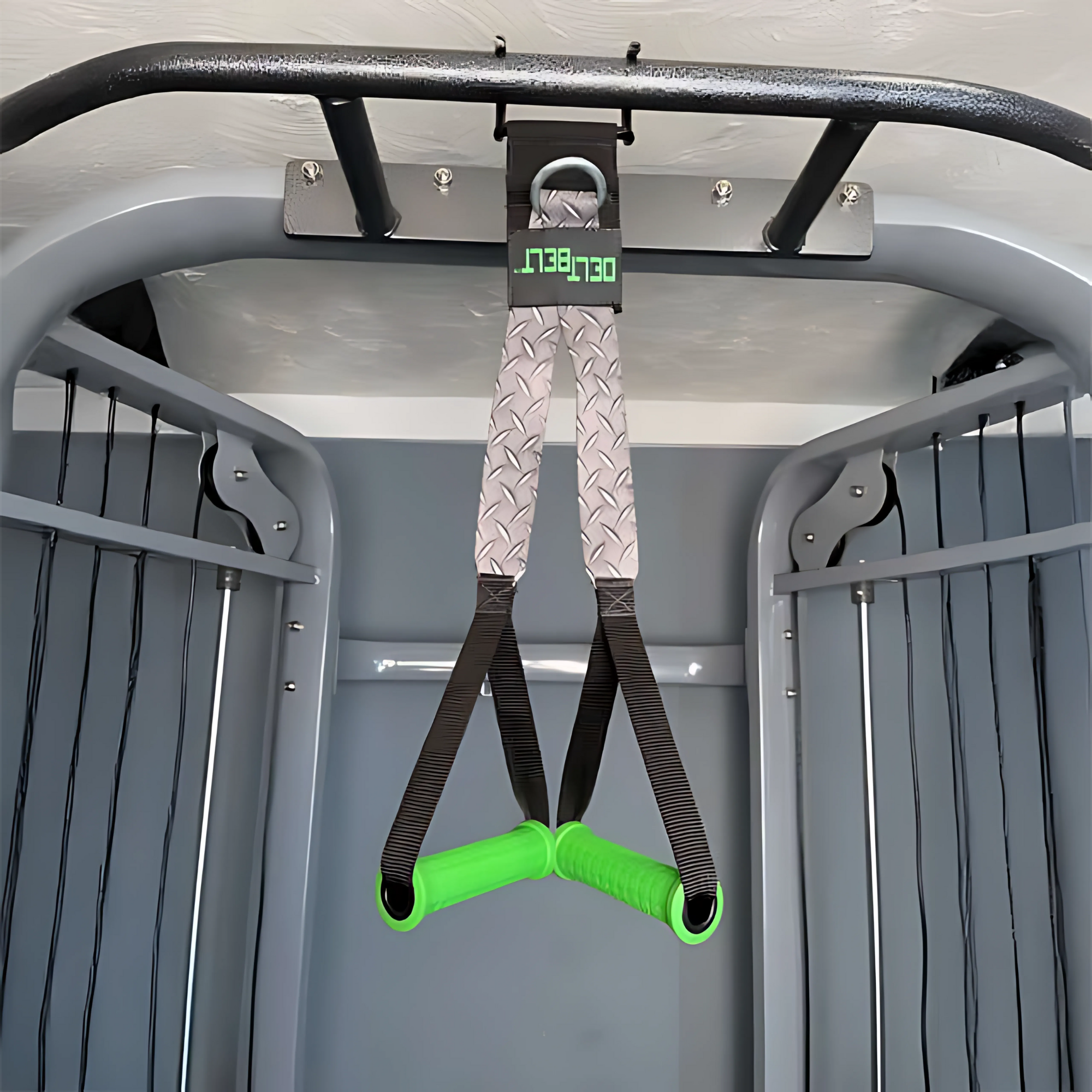 DELT-BELT Handle Straps for Cable Machine Upright Rows plus! with green multi-exercise handles hang from a metal pull-up bar beside a barbell in a home gym, ready to enhance your workout routine.