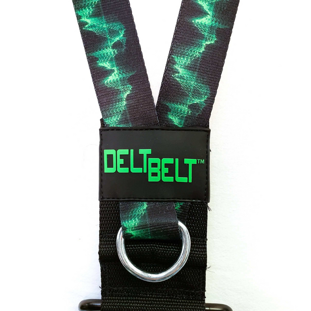 Close-up of a black DELT-BELT featuring a green zigzag pattern and metal ring on a white background. This tool, the DELT-BELT Handle Straps for Cable Machine Upright Rows plus, offers versatility as an effective dumbbell alternative for muscle targeting and cable exercises.