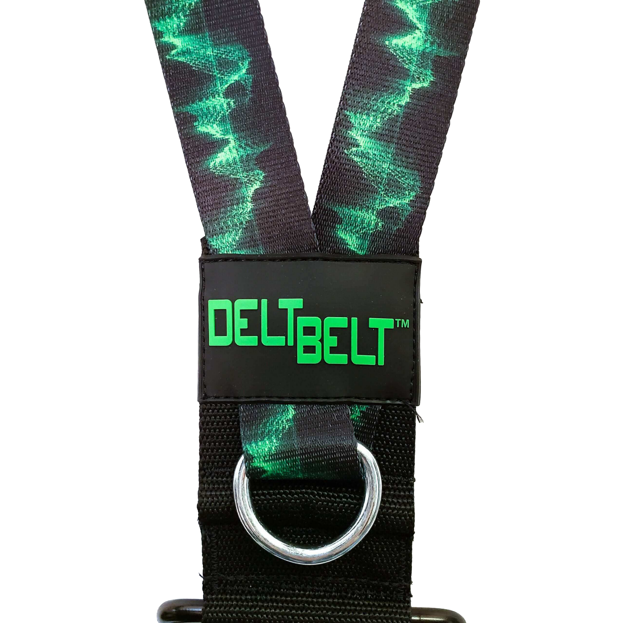 Black DELT-BELT Handle Straps for Cable Machine Upright Rows plus! feature a green zigzag pattern and metal ring, ideal as support for Dumbbell Upright Row, Barbell, or Multi-Exercise Handles. Displayed on transparent background.