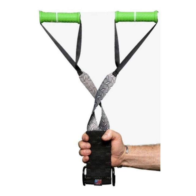 A hand holds the DELT-BELT Handle Straps, featuring green handles and a rugged black grip, ideal as a dumbbell alternative for precise muscle targeting during upright rows.