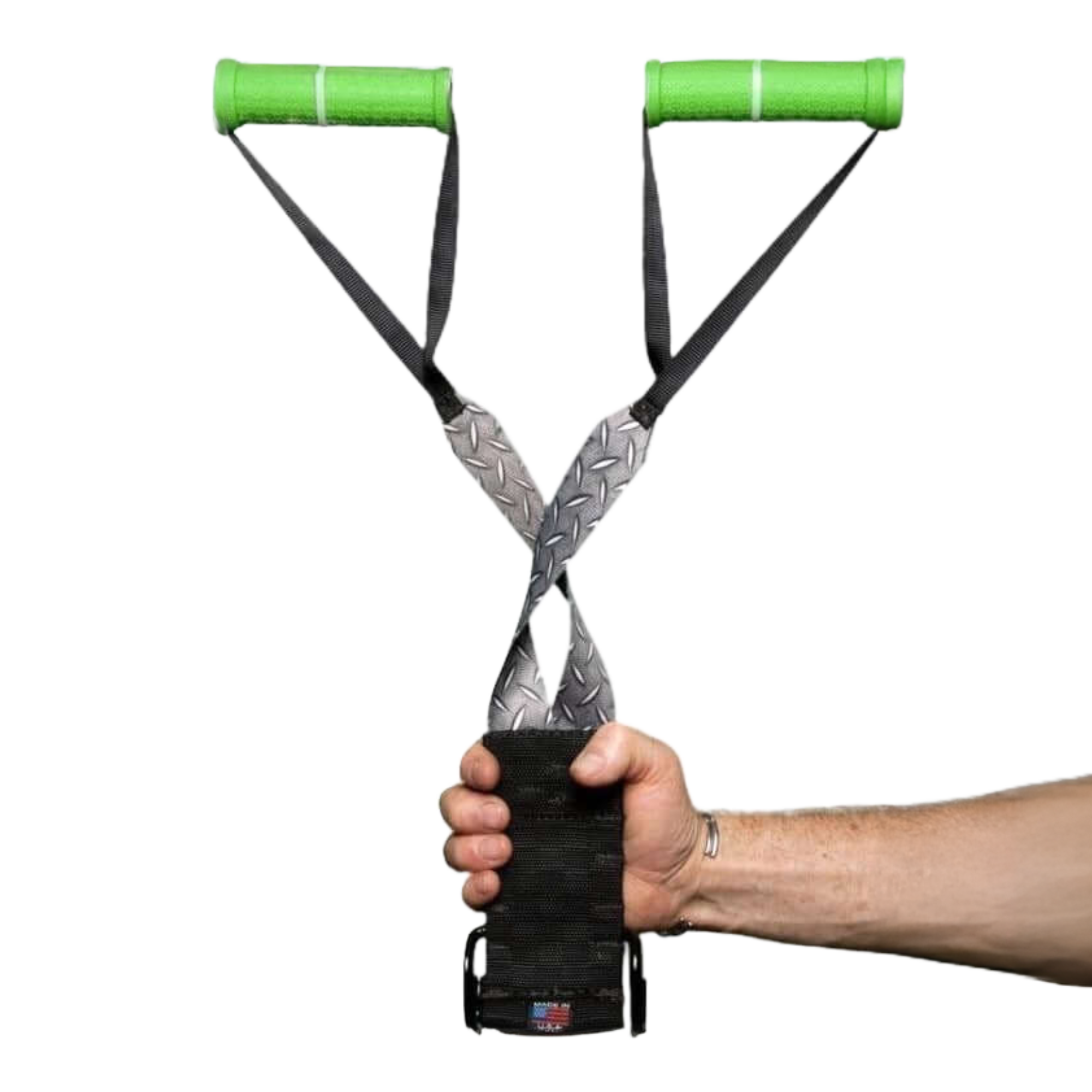 A hand holds DELT-BELT Handle Straps for Cable Machine Upright Rows plus! featuring green multi-exercise handles and a black grip against a white background.