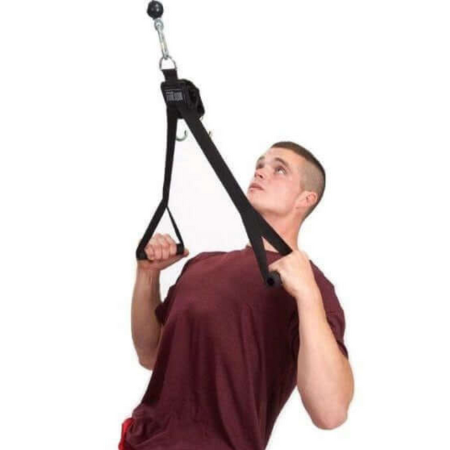 A man in a maroon shirt uses DELT-BELT Handle Straps for cable machine upright rows against a white background, demonstrating an effective dumbbell alternative for muscle-targeting exercises.