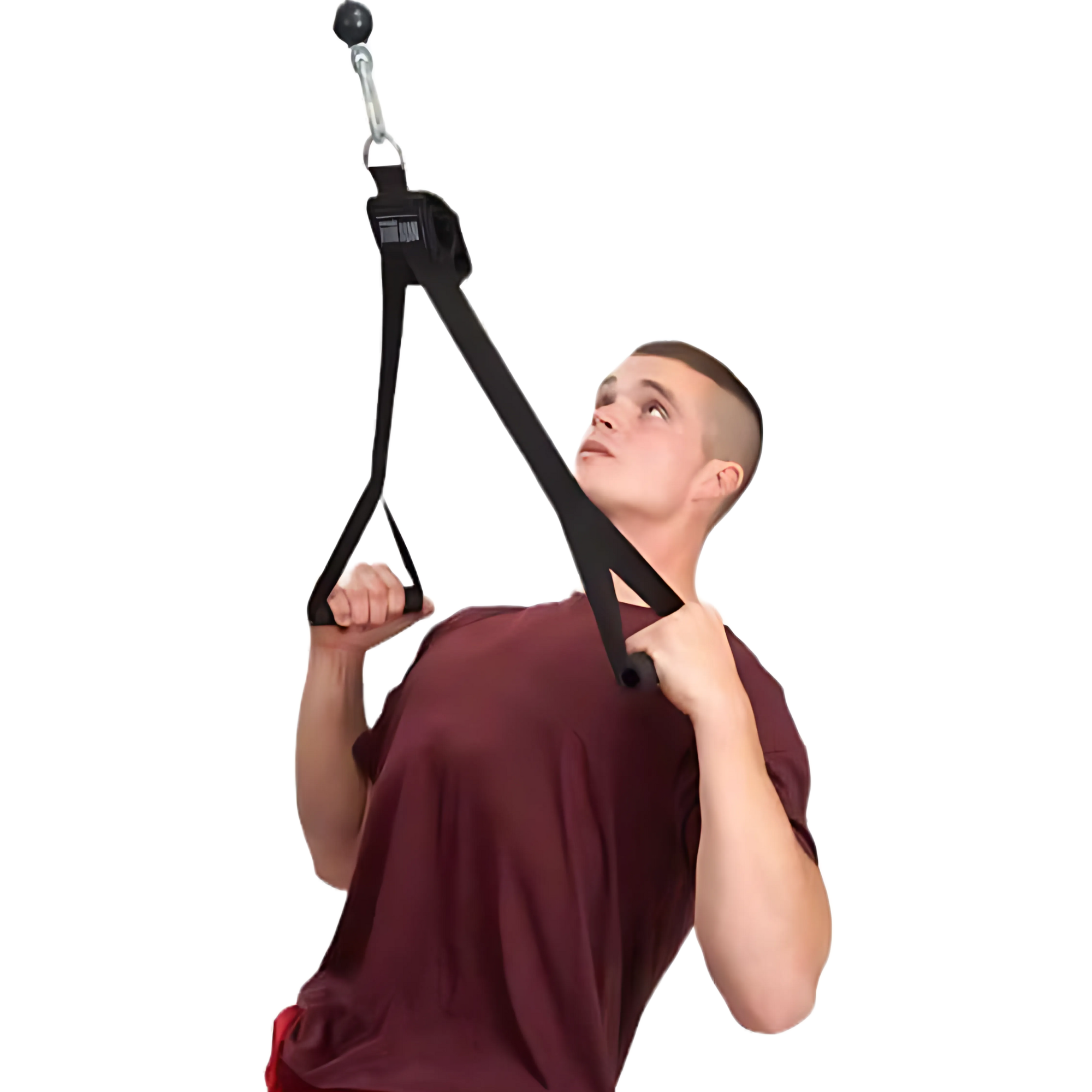 Man in a maroon shirt uses DELT-BELT Handle Straps for Cable Machine Upright Rows plus! during an upper body workout, looking upward.
