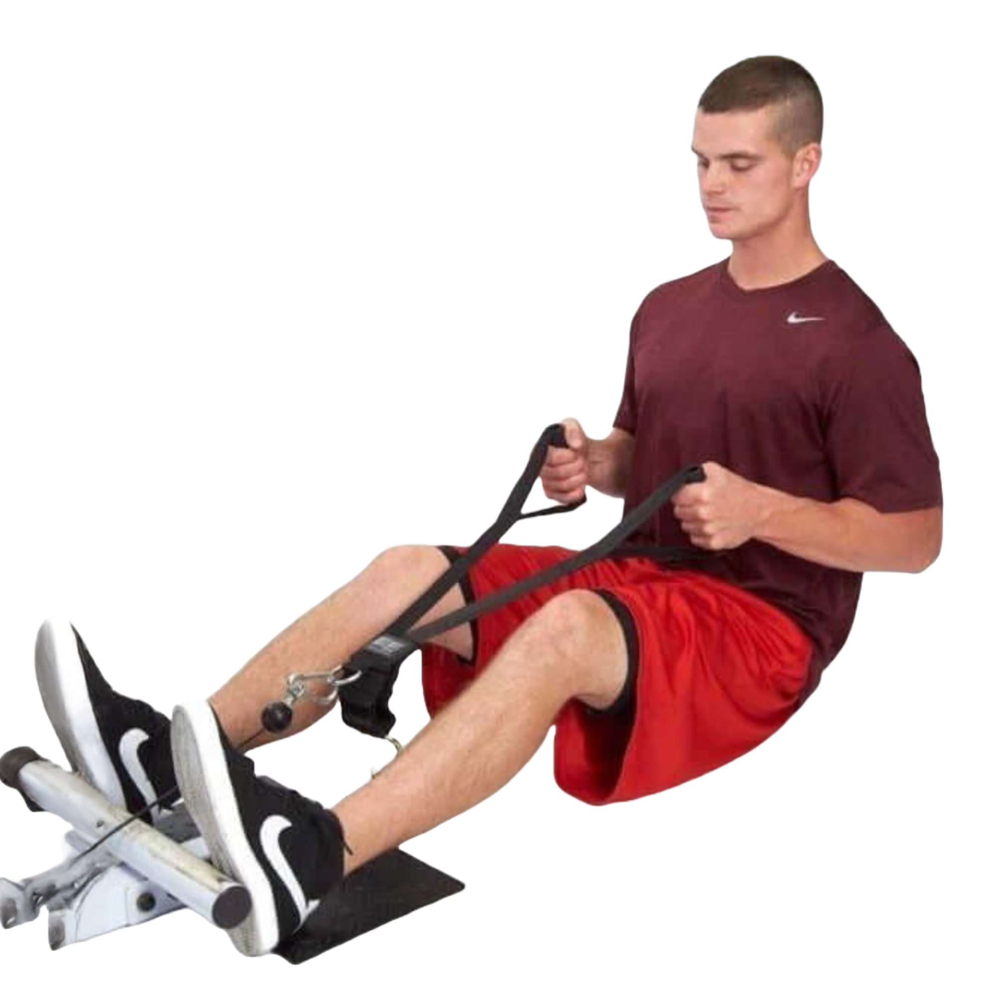 A man in athletic wear uses DELT-BELT Handle Straps for Cable Machine Upright Rows, pulling the handles while seated with legs extended.
