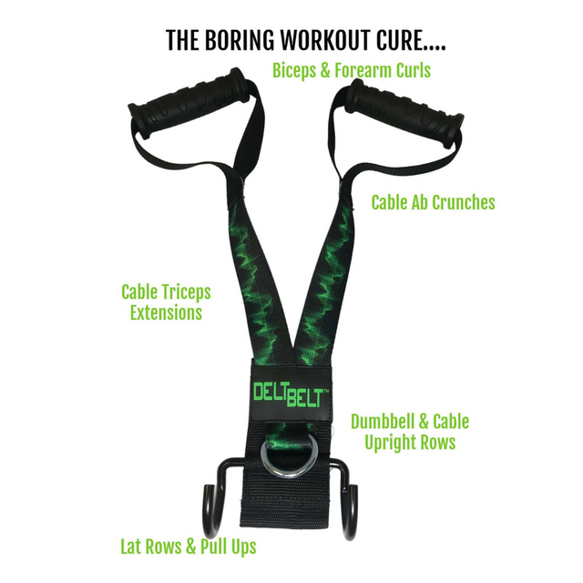 The DELT-BELT Handle Straps, available in black and green, provide a versatile dumbbell alternative with labeled workout options like curls and crunches for targeted muscle exercises on a cable machine.
