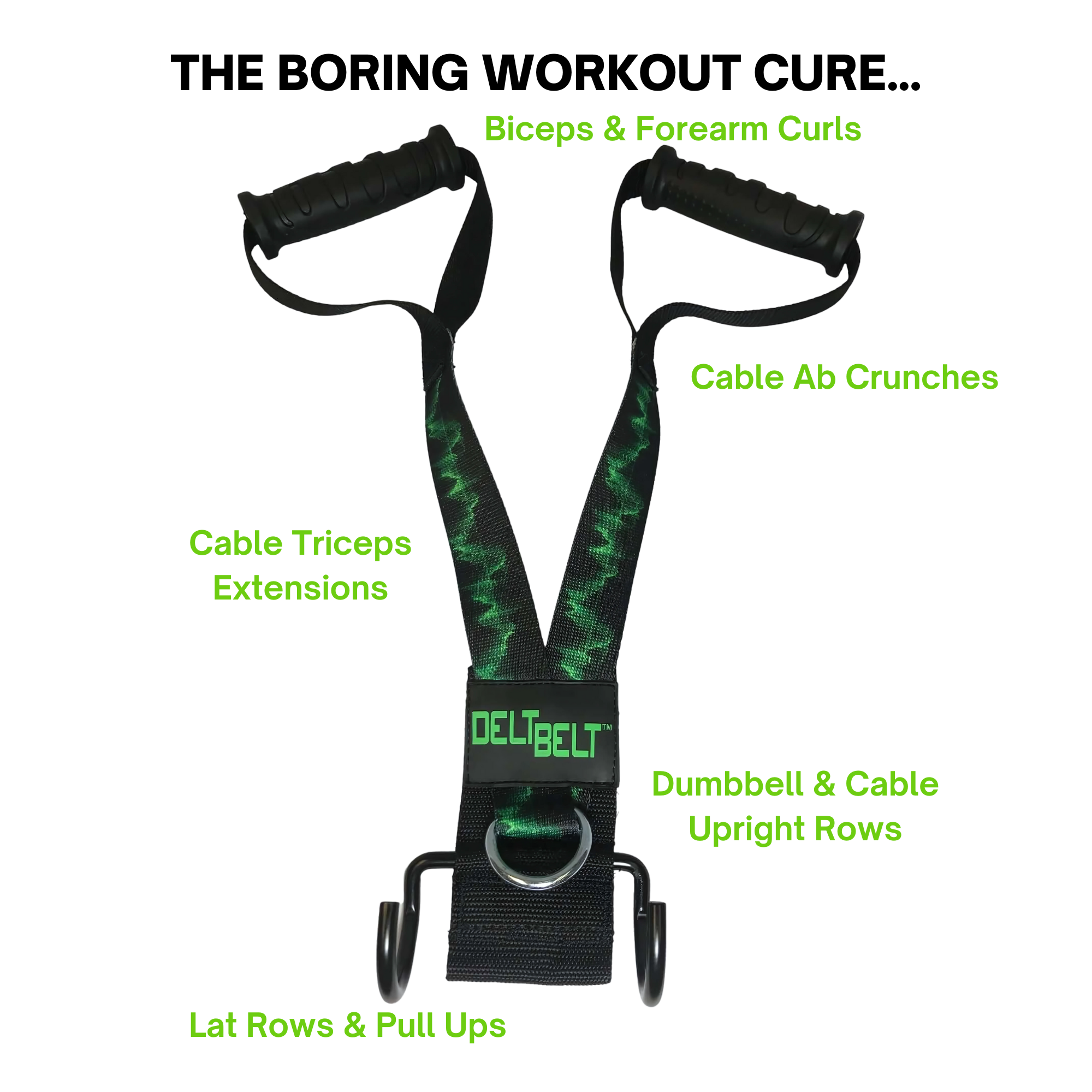 DELT-BELT Handle Straps for Cable Machine Upright Rows plus! Black exercise strap with green text showcasing five workout uses, including Multi-Exercise Handles and Dumbbell Upright Row, on a sleek black background.