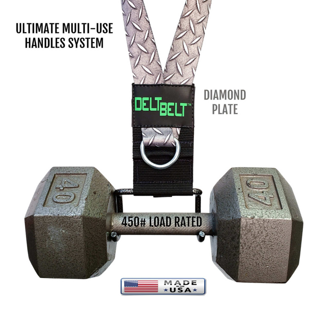 The DELT-BELT Handle Straps for Cable Machine Upright Rows offer a versatile alternative to dumbbells, featuring a diamond plate strap labeled "450# Load Rated" and "Made in USA," perfect for muscle targeting.