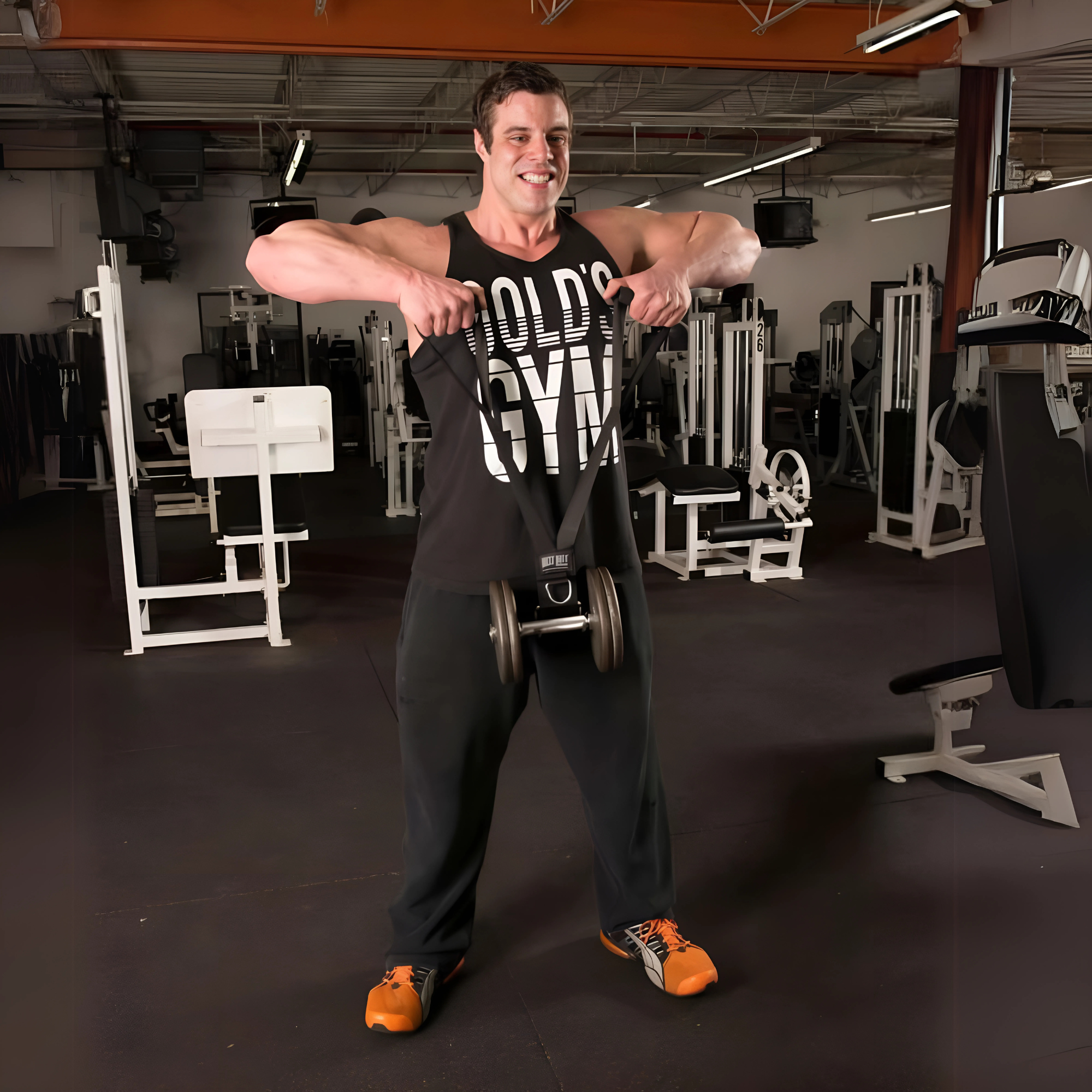 A man at the gym, smiling as he lifts a barbell with DELT-BELT Handle Straps for Cable Machine Upright Rows plus!, wearing a tank top and orange shoes, with a resistance band.