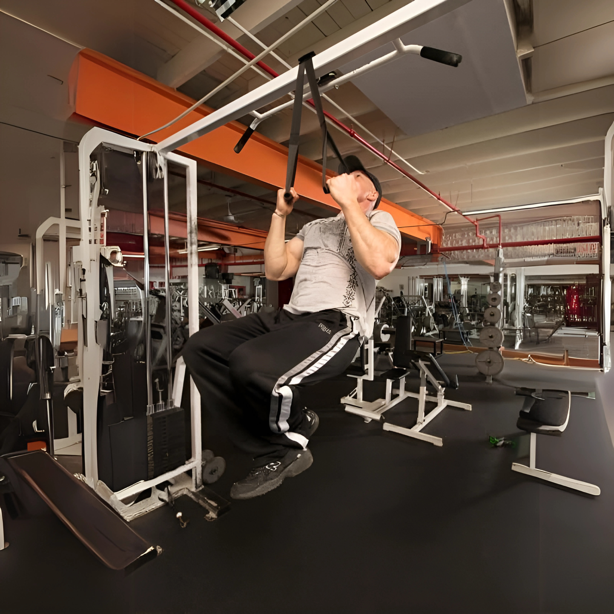 Man performing upright rows with DELT-BELT Handle Straps on a cable machine in a weight room equipped with mirrors, barbells, and various exercise machines.