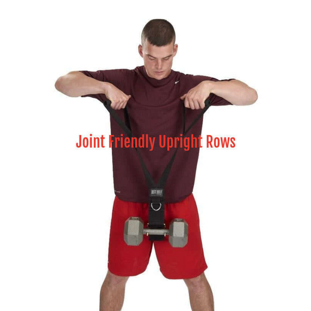 Using the DELT-BELT Handle Straps for cable machine upright rows with dumbbells is perfect for muscle targeting. Text reads, "Joint Friendly Upright Rows.