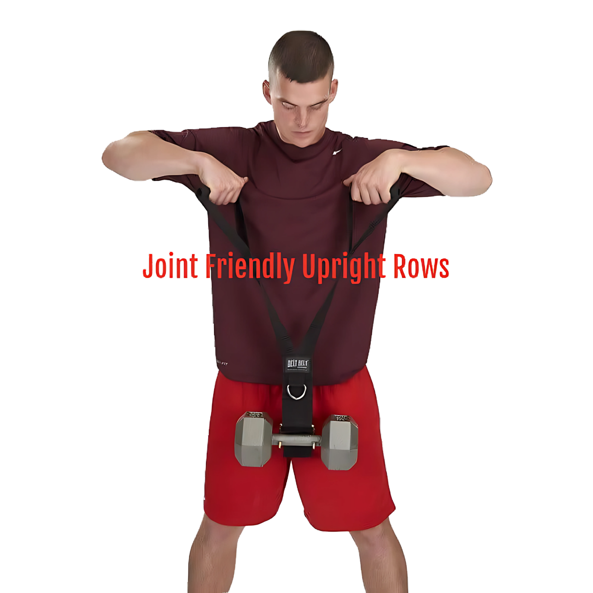 Man in athletic wear uses DELT-BELT Handle Straps for cable machine upright rows, featuring resistance straps and multi-exercise handles. Text: "Joint Friendly Upright Rows.