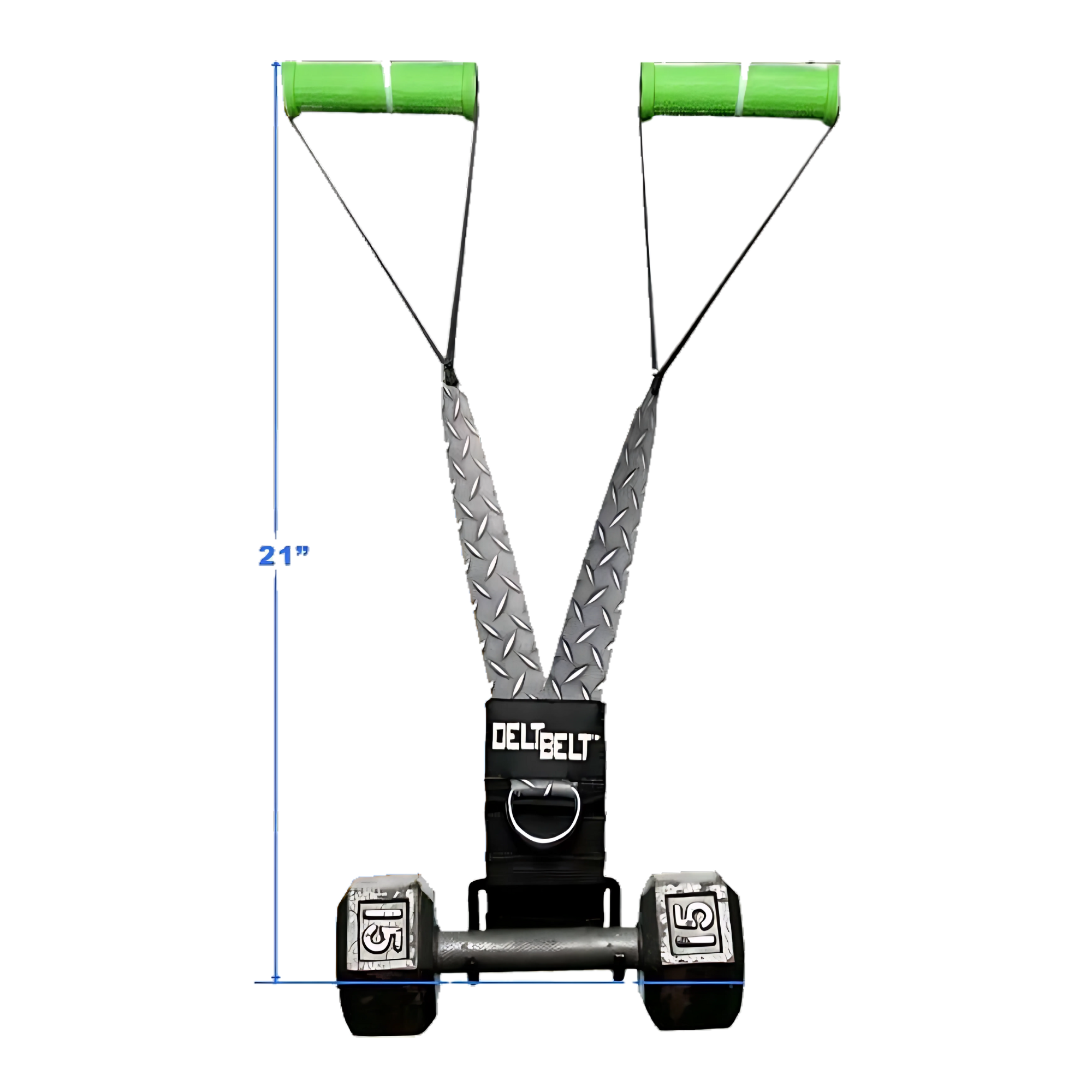 The DELT-BELT Handle Straps for Cable Machine Upright Rows plus! feature multi-exercise green handles, a black belt, and two dumbbells—perfect for moves like upright rows. Stands 21 inches tall.