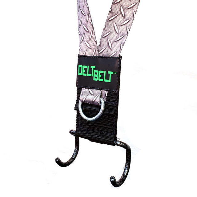 Gray textured DELT-BELT Handle Straps with metal ring, two hooks, and a "DELTBELT" logo, ideal for targeting muscles during cable exercises.
