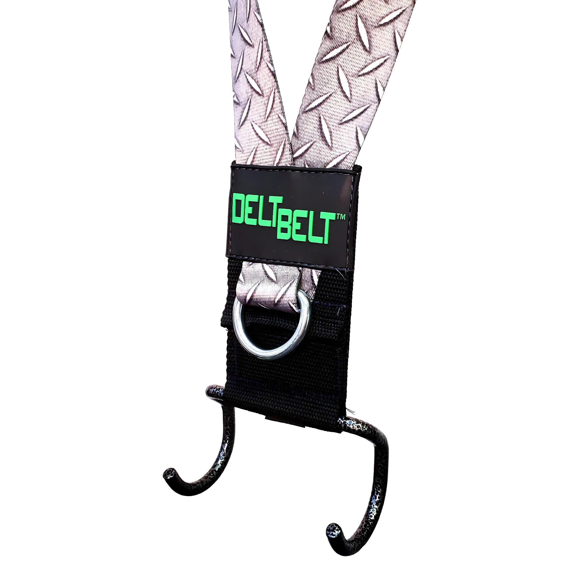 The DELT-BELT Handle Straps for Cable Machine Upright Rows plus! are black and silver, feature metal hooks and a ring attachment, and are perfect for enhancing your dumbbell upright row or barbell workouts with multi-exercise handle compatibility.