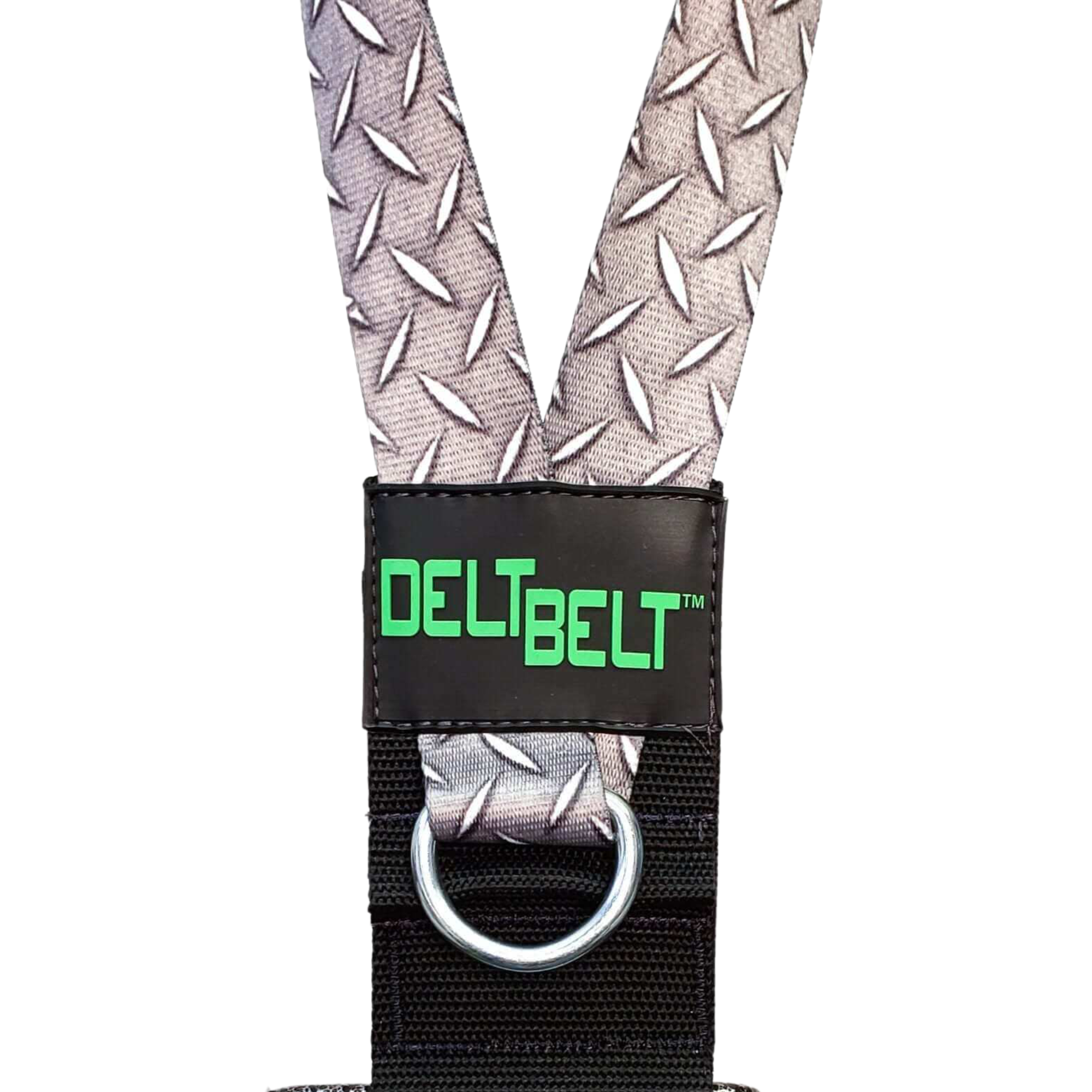 DELT-BELT Handle Straps feature a diamond plate pattern, metal ring, and green "DELTBELT" logo—ideal for cable machine upright rows and multi-exercise handle workouts.