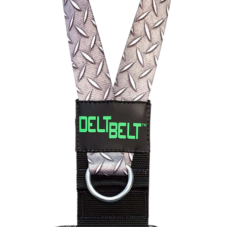 DELT-BELT Handle Straps feature a diamond plate pattern, metal ring, and green "DELTBELT" logo—ideal for cable machine upright rows and multi-exercise handle workouts.
