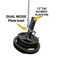 The 'Dual Mode' Weight Load Pin for EZ DIP and GRIP FREAK holds multiple plates with a 12" tall Olympic pin, featuring secure Dumbbell Hooks for a reliable workout.