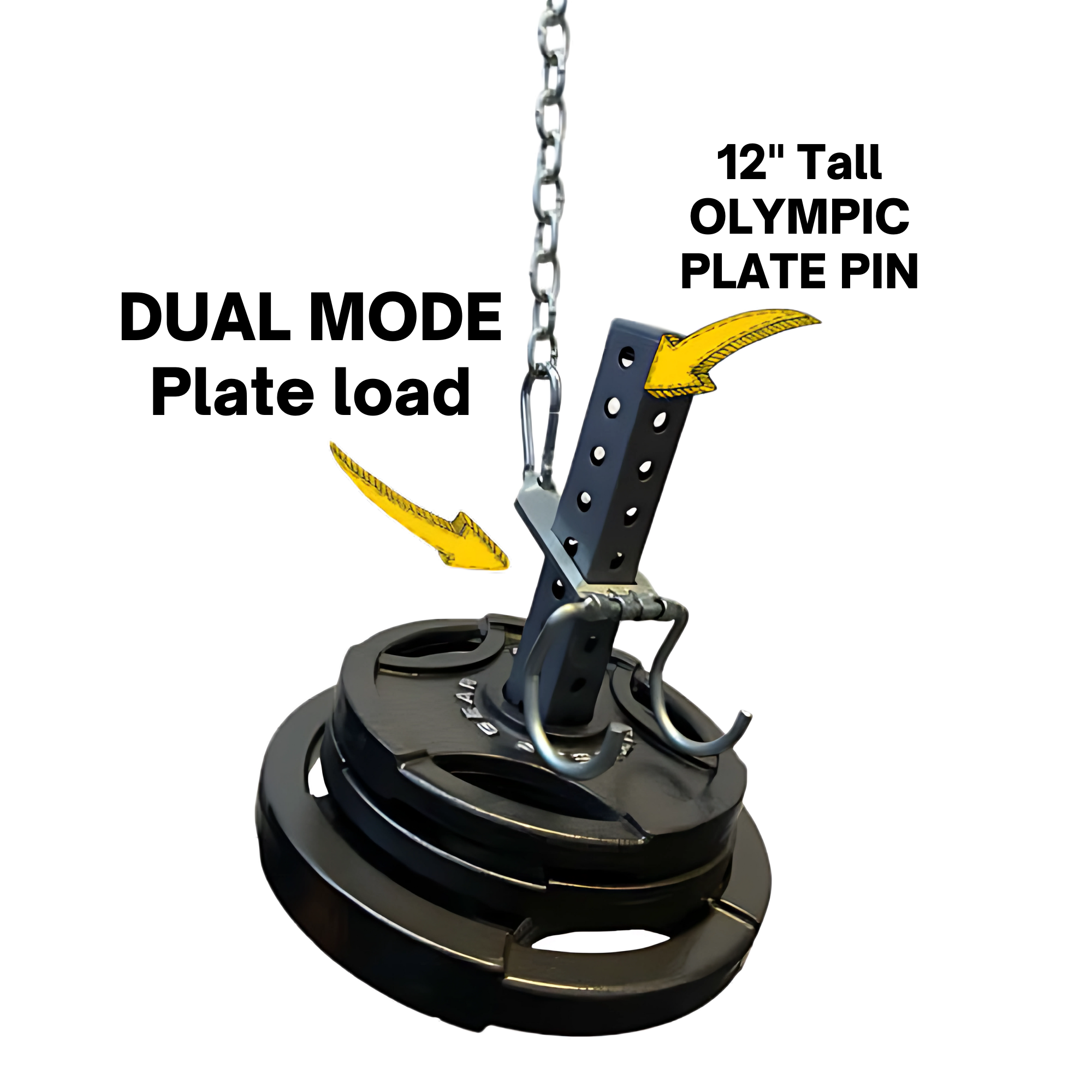 The 'Dual Mode' Weight Load Pin for EZ DIP and GRIP FREAK includes black weight plates, a metal chain, adjustable bracket, plate shaft, snap link, and yellow arrows highlighting key connection points.