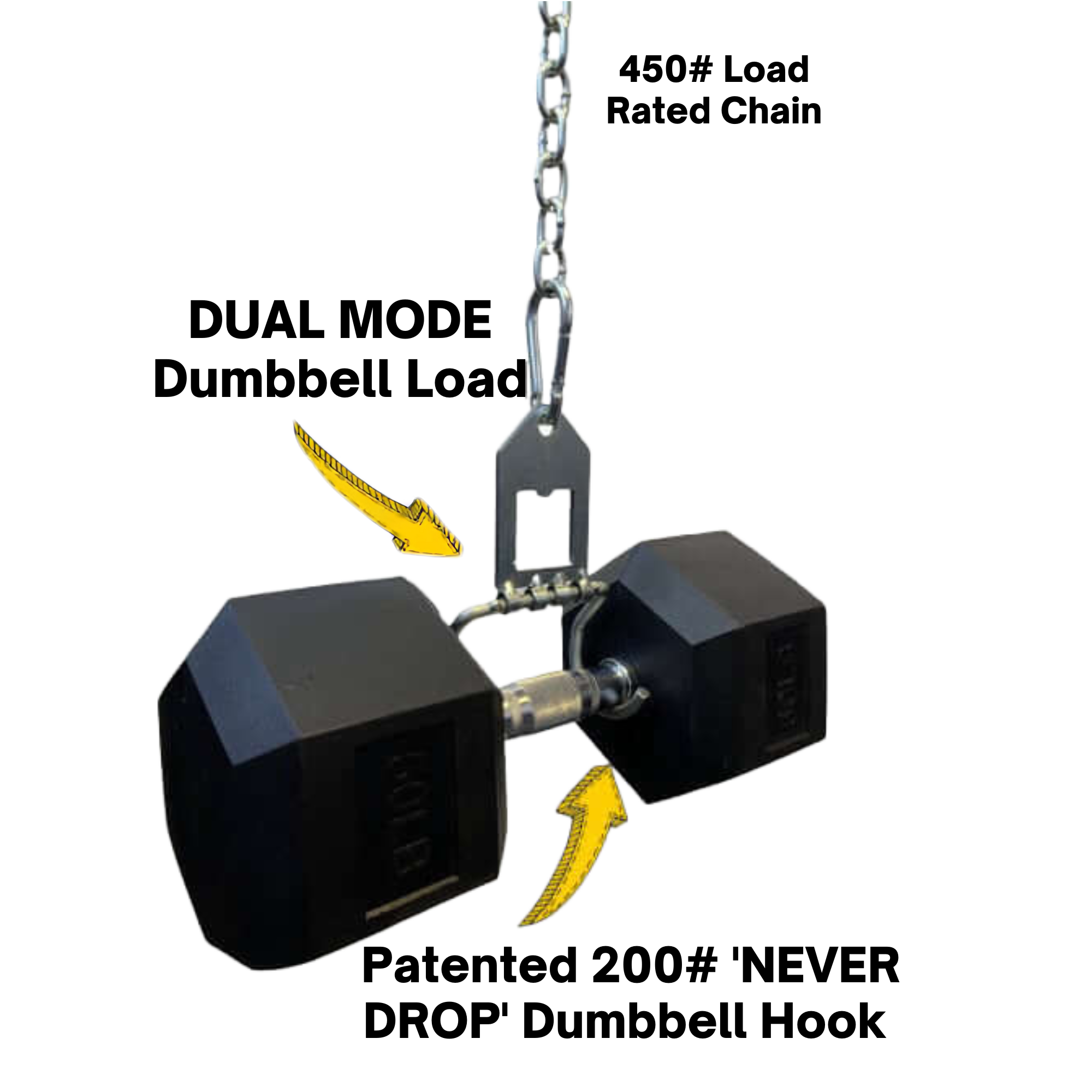 The metal Dumbbell Hook attaches to the 'Dual Mode' Weight Load Pin for EZ DIP and GRIP FREAK, using a chain and snap link, with yellow arrows showing connection points and compatibility with an Olympic Size Plate Shaft.