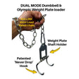 A hand grasps the 'Dual Mode' Weight Load Pin for EZ DIP and GRIP FREAK, featuring Never Drop Hooks, an Olympic weight plate loader, sturdy chains, and hooks.