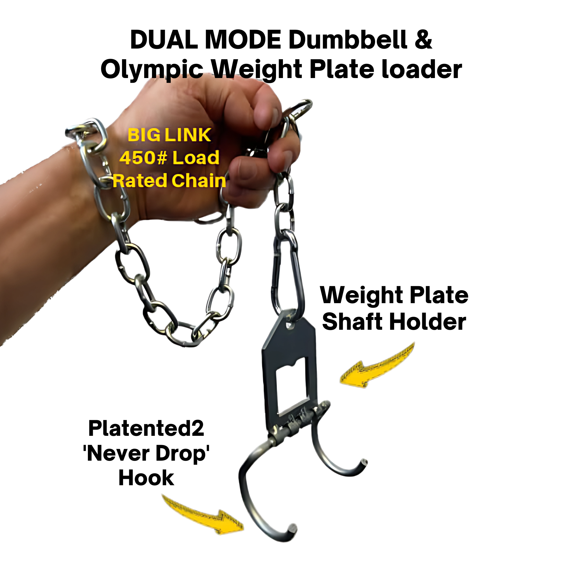 A hand holds the ‘Dual Mode’ Weight Load Pin for EZ DIP and GRIP FREAK, featuring EZ SQUAT HANDLES, a plate shaft, chain, and snap link for secure lifting.