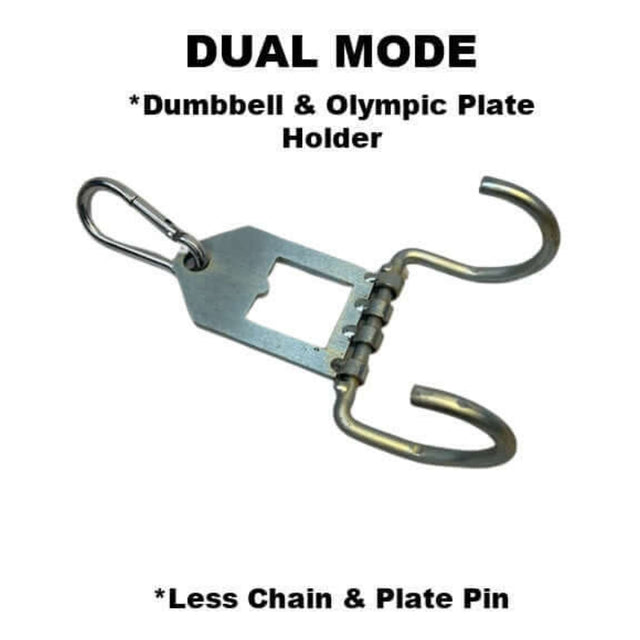 The 'Dual Mode' Weight Load Pin for EZ DIP and GRIP FREAK boasts Never Drop Hooks and a carabiner attachment for secure holding of dumbbells and Olympic plates.