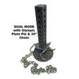 The 'Dual Mode' Weight Load Pin for EZ DIP and GRIP FREAK features a heavy-duty metal stand with holes and a 30" chain, plus the "DUAL MODE with Olympic Plate Pin" text. It now includes a Dumbbell Hook for added versatility.