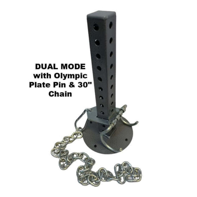 The 'Dual Mode' Weight Load Pin for EZ DIP and GRIP FREAK features a heavy-duty metal stand with holes and a 30" chain, plus the "DUAL MODE with Olympic Plate Pin" text. It now includes a Dumbbell Hook for added versatility.