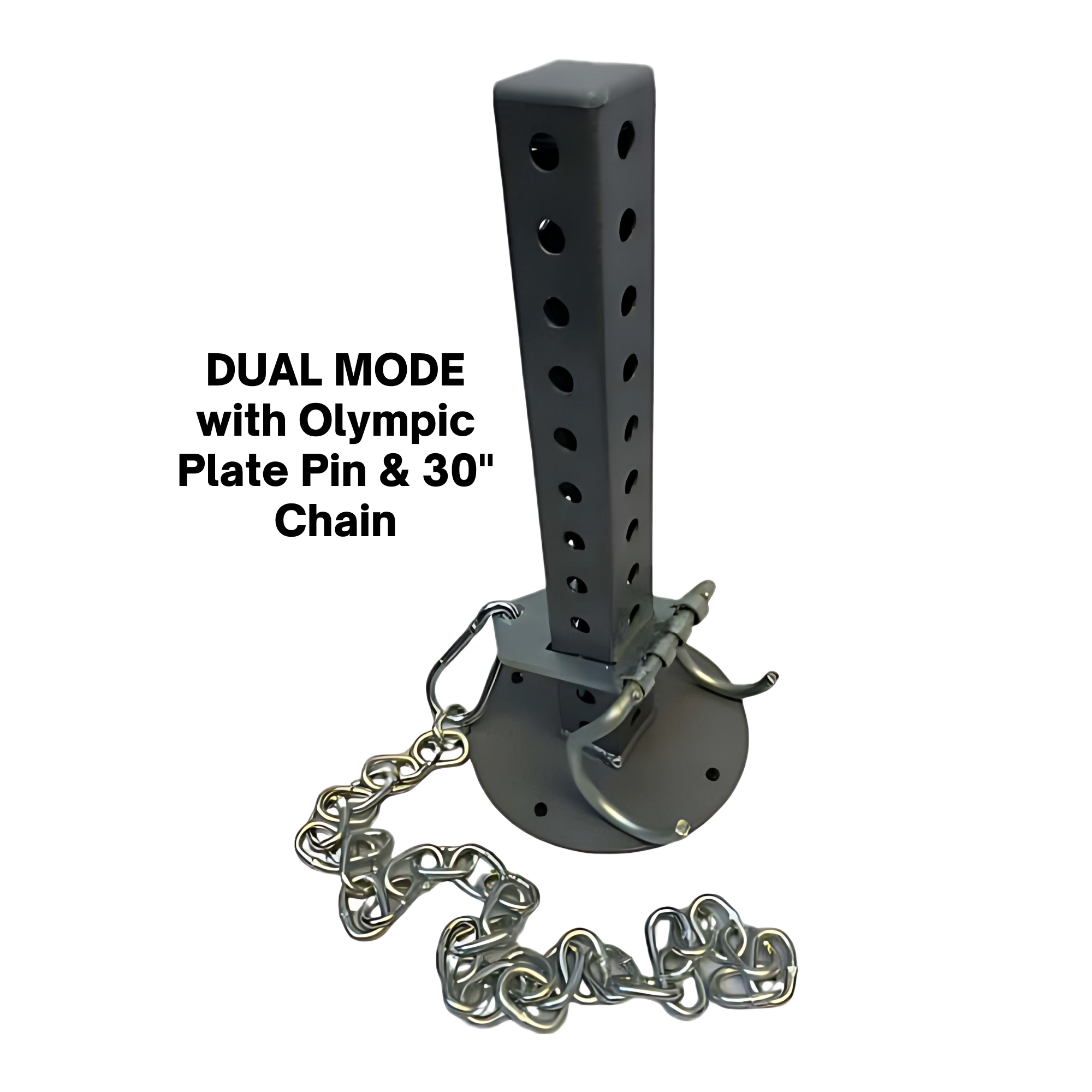 The 'Dual Mode' Weight Load Pin for EZ DIP and GRIP FREAK features a plate shaft, chain, snap link, EZ Squat Handles, and multiple adjustment options for secure and versatile weight training.