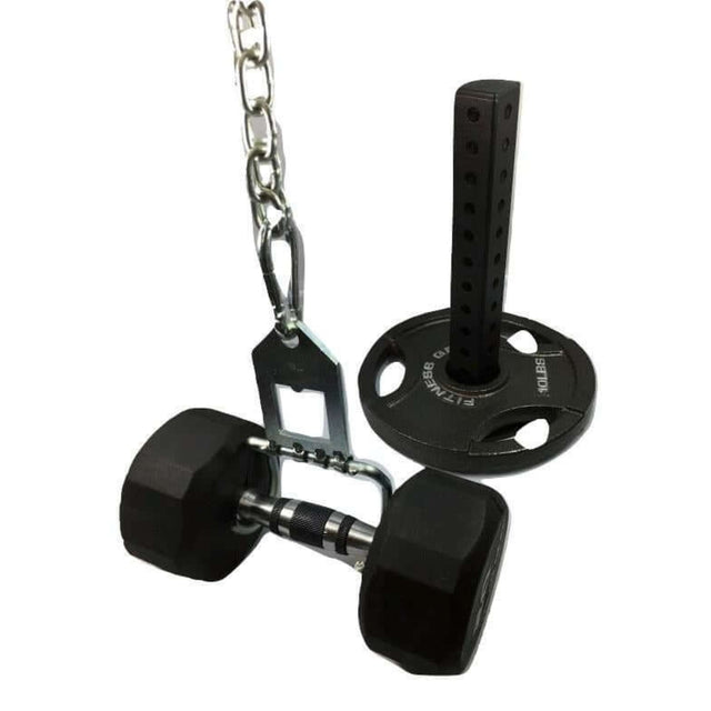 Black dumbbell, weight plate, and Never Drop Hooks with a sturdy 'Dual Mode' Weight Load Pin for EZ DIP and GRIP FREAK on a white background.