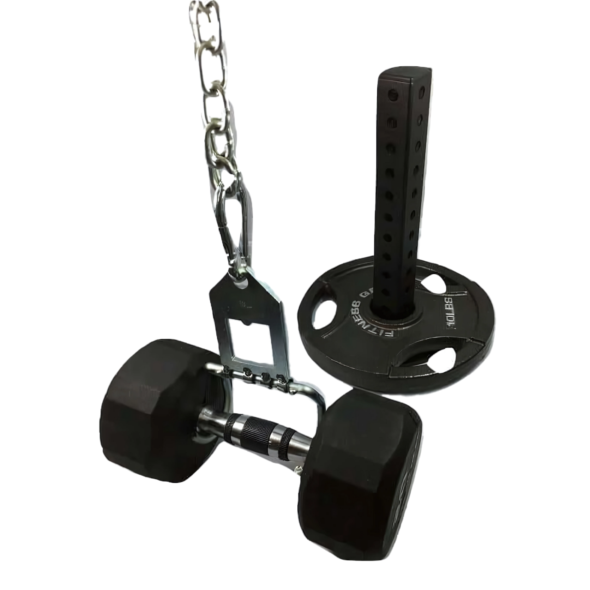 The 'Dual Mode' Weight Load Pin for EZ DIP and GRIP FREAK includes dual mode EZ Squat handles, plate shaft, chain, and snap link—shown on a white background.
