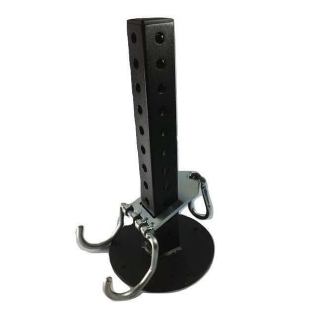 Adjustable black metal stand, featuring two Never Drop Hooks on a circular base for secure hold, compatible with 'Dual Mode' Weight Load Pin for EZ DIP and GRIP FREAK.