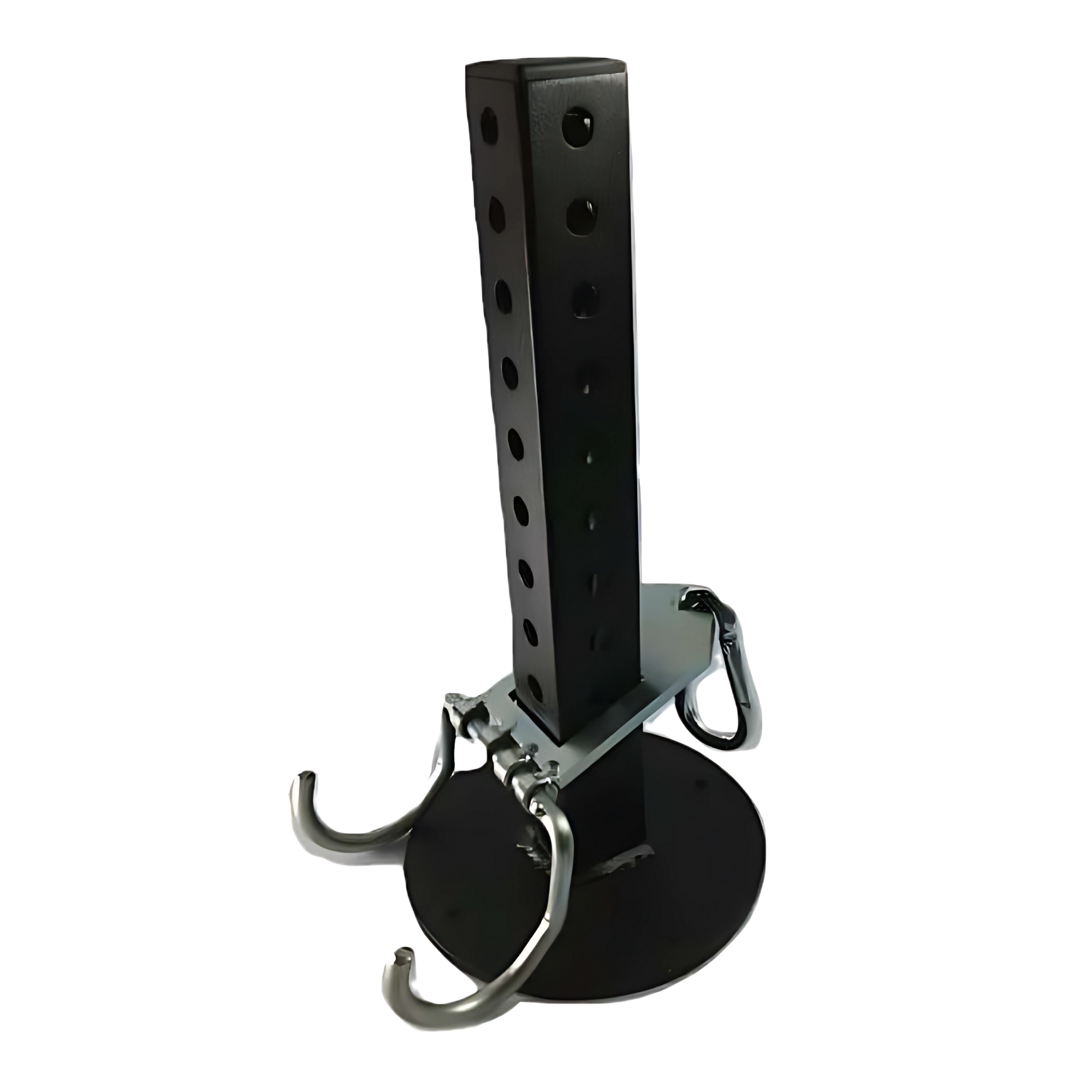 The 'Dual Mode' Weight Load Pin for EZ DIP and GRIP FREAK features a black metal stand with a vertical perforated post, Olympic size pin, plus three curved dumbbell hooks at the base for versatile plate loading.