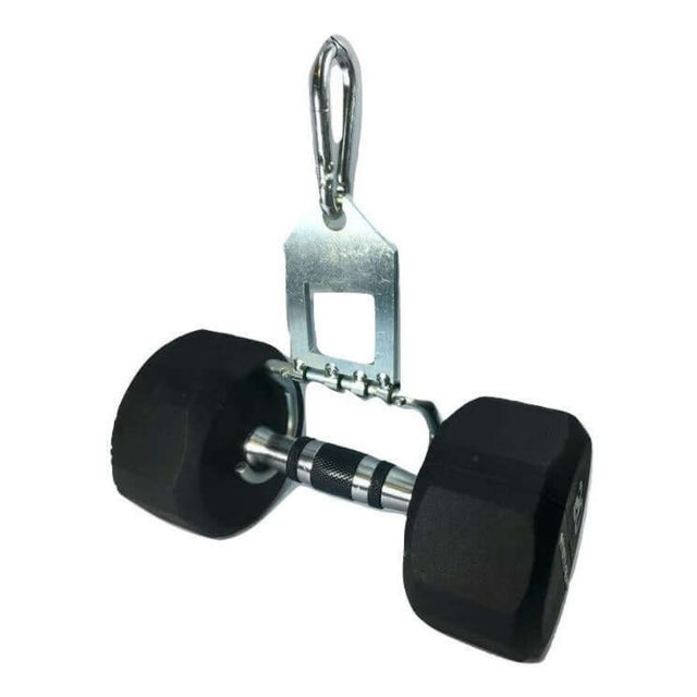 The 'Dual Mode' Weight Load Pin for EZ DIP and GRIP FREAK combines a black dumbbell with a metal bottle opener, crafted for convenience and durability. Featuring a carabiner loop at the top, it's designed to secure hooks during workouts or when enjoying a drink.