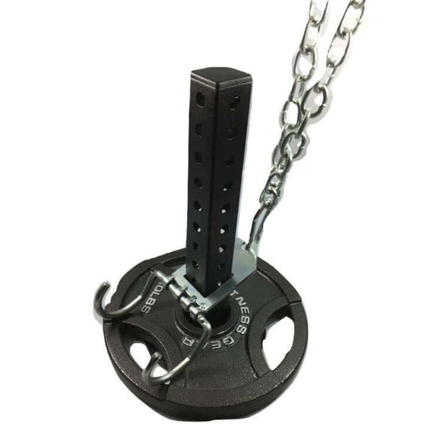 'Dual Mode' Weight Load Pin for EZ DIP and GRIP FREAK with chains, weight plate, and Never Drop Hooks for secure gym use.