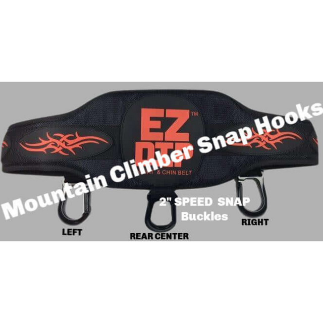 The black and red E-Z DIP BELT with Chain features tribal designs and labeled snap hooks, ideal for intense workouts or pairing with a squat belt for stability.