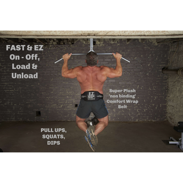 In a dimly lit room, a man performs pull-ups while wearing the E-Z DIP BELT with Chain, PULL UP and BELT SQUAT Belt, ideal for weighted triceps dips; its features are displayed on the image.