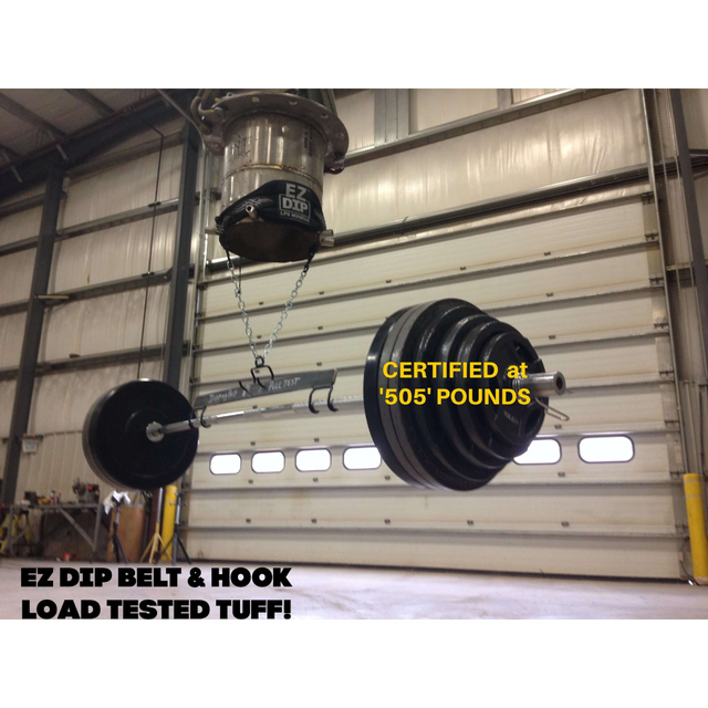 An E-Z DIP BELT with Chain, labeled "CERTIFIED at '505' POUNDS," stands ready for action, much like a squat belt supporting a lifter’s core.